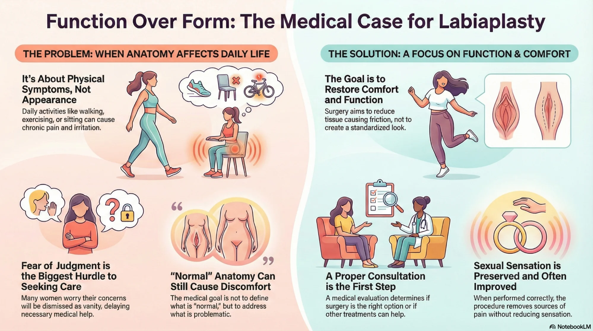 Infographic explaining when labiaplasty is medically necessary and treatment focused rather than cosmetic appearance.