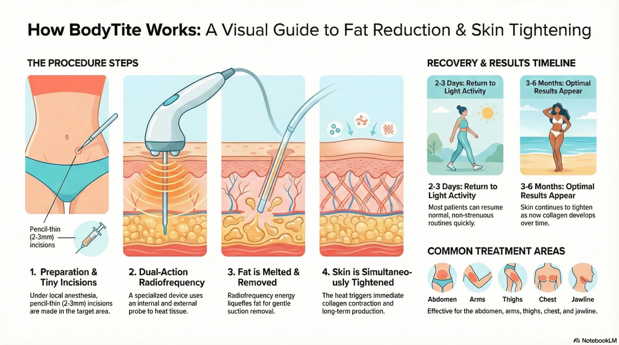 Showing step by step how BodyTite works and common treatment areas like abdomen, arms, thighs, chest, and jawline.